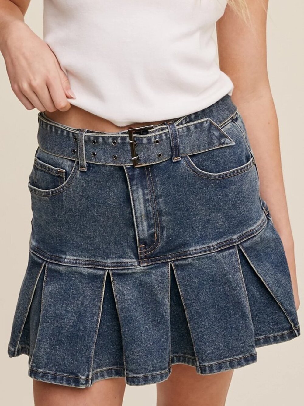 NWT Listicle Belted Denim Pleated Mini Skirt - Blue Small